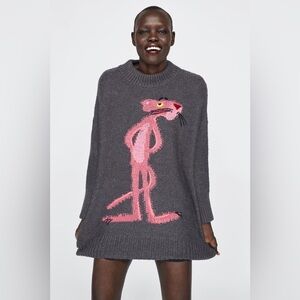 ZARA KNIT OVERSIZED PINK PANTHER SWEATER MINI DRESS Cartoon